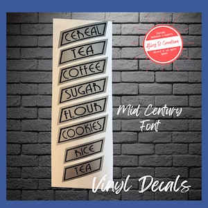 May include: A set of eight vinyl decals with a mid-century modern font. The decals feature the words "Cereal", "Tea", "Coffee", "Sugar", "Flour", "Cookies", "Rice", and "Tea".