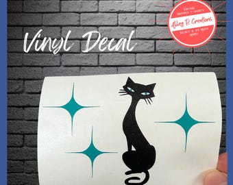 Mid Century Modern Cat with Starbursts Decal - decal only dishes are NOT included