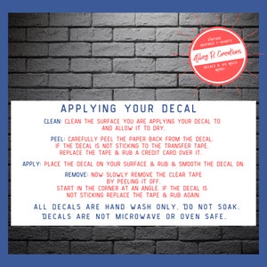 Picture shows information on 'Applying Your Decal.' The text includes instructions on how to apply a decal, including cleaning the surface, peeling the paper back from the decal, placing the decal on the surface, and removing the clear tape. The text also states that the decals are hand wash only and not microwave or oven safe.