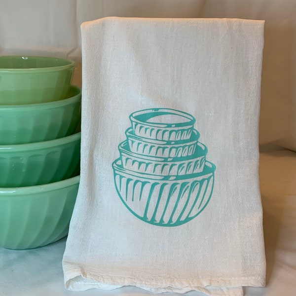 Fire King Jadeite Swirl Bowls Inspired Flour Sack Towel - available in basic or premium towels & bundles