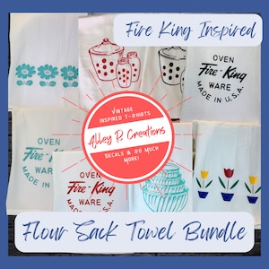 May include: A set of four white flour sack towels with red, blue, and yellow Fire King inspired designs. The towels feature a variety of vintage kitchenware, including a casserole dish, a set of measuring cups, and a set of tulips. The towels are part of a bundle and are available for purchase from Alley R Creations.