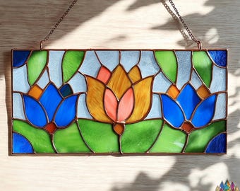 Vitrail numérique PUN636 motif fleur de lotus - modèle attrape-soleil floral, fichier de conception d'art de fenêtre coloré pour décoration d'intérieur bricolage