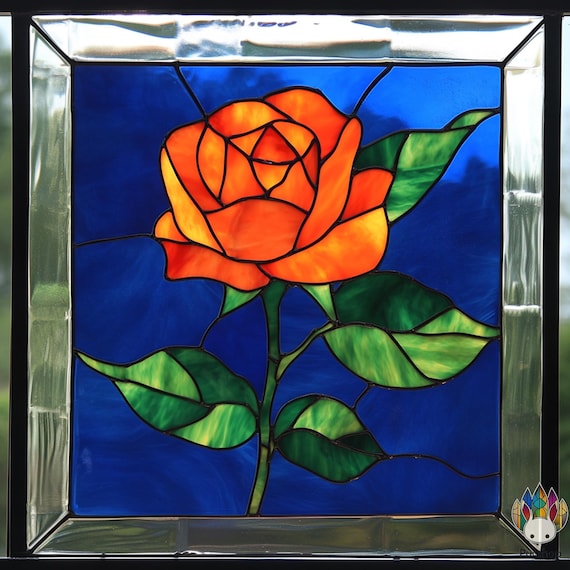 Digital Download PATTERNS Stained Glass Rose Orange Panel Handmade