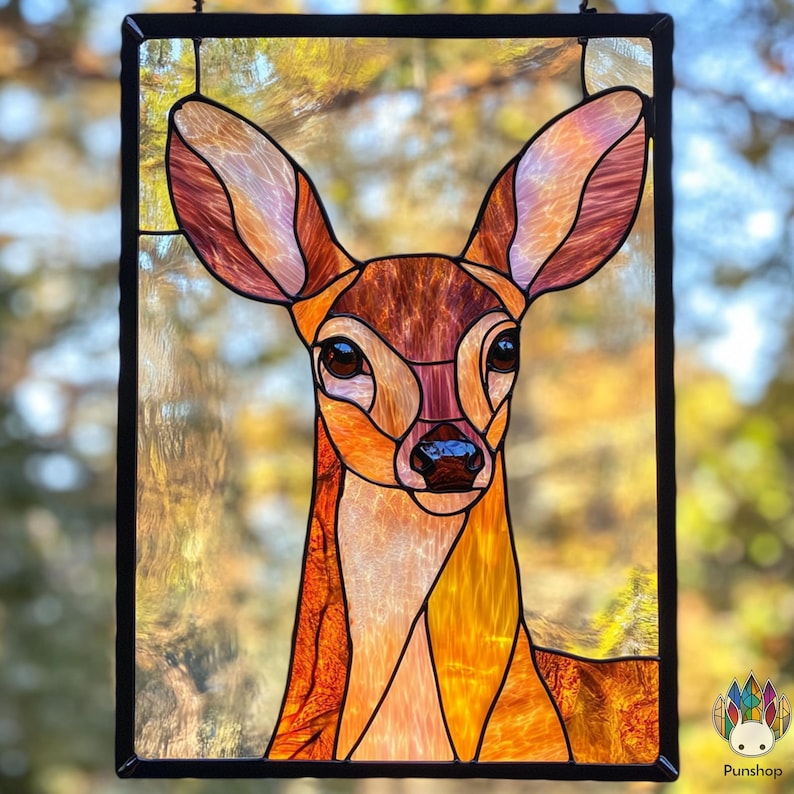 May include: A stained glass window depicting a close-up of a deer's face. The deer has brown and orange fur with a pink nose and large brown eyes. The background is a blurry image of a forest.