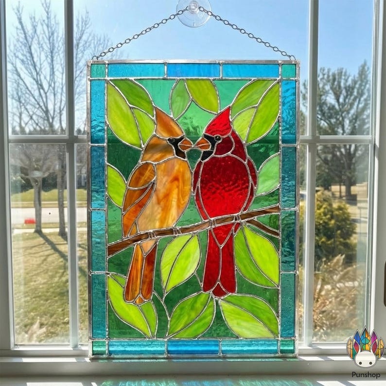 PUN778 Kissing Cardinals Pattern PDF, Stained Glass Birds Panel ...