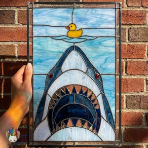 PUN1280 Funny Shark Stained Glass Pattern PDF SVG, Shark Window Panel Suncatcher DIY
