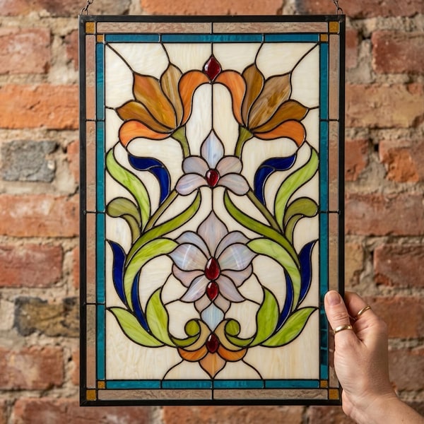 PUN1129 Art Nouveau Stained Glass Pattern PDF, Floral Window Panel Suncatcher Design