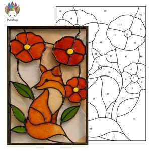 Digital download stained glass pattern NPUN390 fox and flower pattern, Diy Stained Glass Easy Stained Glass Art Project- PDF- SVG- PNG File