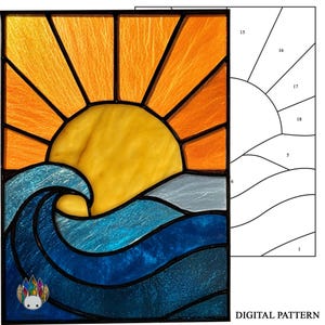 May include: Stained glass panel showing a sunset over ocean waves. The sun is yellow with orange rays, and the waves are shades of blue. The panel is framed in black and includes the text "DIGITAL PATTERN".