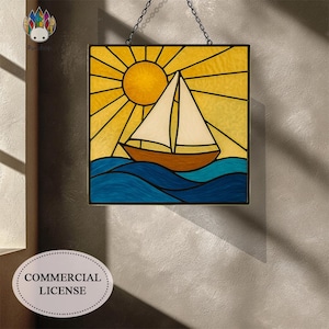 Commercial License STAINED glass PATTERN, Sailing Stained Glass Panel Sailboat on the Sea DPUN32