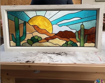 Pattern digital download PUN546 Desert Sunset Stained Glass Panel  Cactus Sun Landscape Window Hanging  Southwestern Home Decor Gift