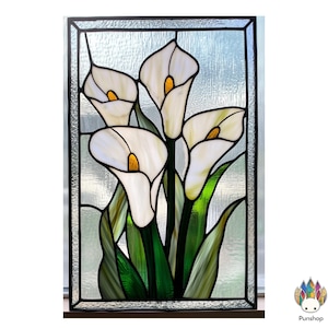 Digital download PATTERNS  Beauty of white Calla Lily in stained glass with large beveled glass borders  PUN173.