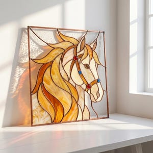 Op de afbeelding: Gebrandschilderd glaspaneel met een paardenkop. Het kunstwerk gebruikt tinten crème, geel en amber, met een koperkleurig frame. Het paard heeft een crèmekleurig gezicht en een vloeiende manen. De teugel heeft rode en blauwe accenten. Het paneel is vierkant.