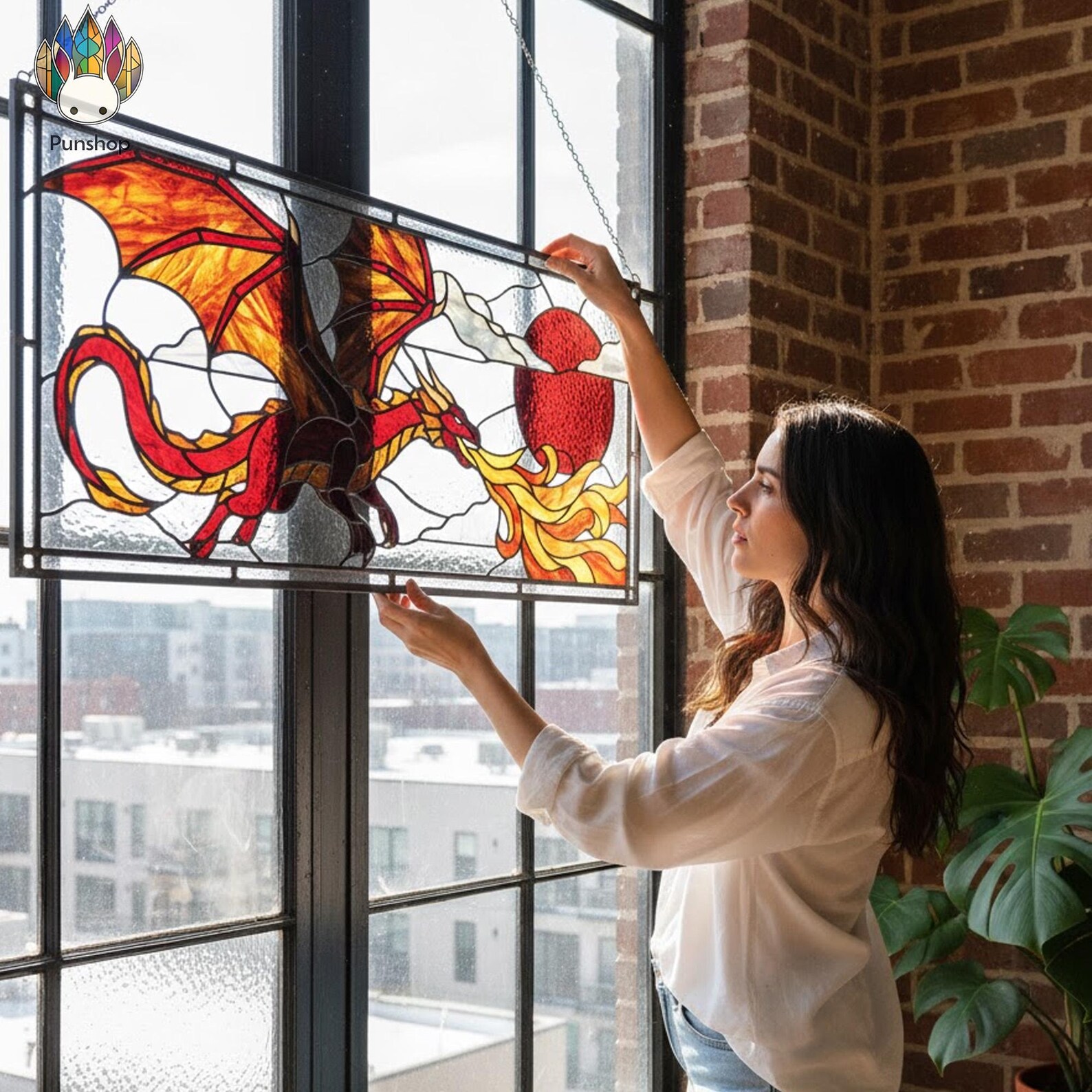 PUN869 Fire Dragon Stained Glass Pattern, Fantasy Window Panel PDF - Etsy