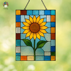 Panneau de tournesol en téléchargement numérique MOTIFS, vitrail DPUN46, projet artistique facile en vitrail bricolage