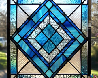 Digital download pattern Geometric Teal Stained Glass Panel PUN105 , Diy Stained Glass Easy Stained Glass Art Project