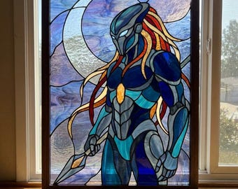 PUN1348 Sci-Fi Alien Warrior Stained Glass Pattern, Futuristic Window Panel PDF SVG PNG