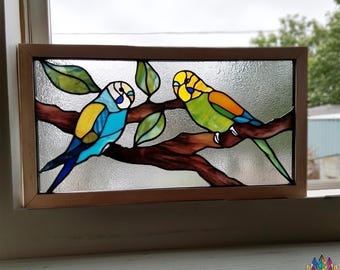 つがい　オウム　ステンドグラス オウムのステンドグラスプリントセット：鮮やかな鳥の絵5枚（デジタル