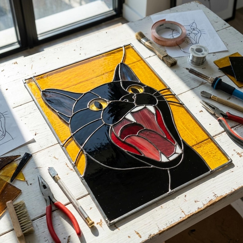 PUN1100 Stained Glass Black Cat Face Pattern, Angry Cat Suncatcher PDF ...