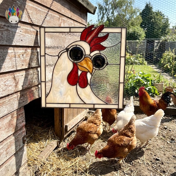 PUN1153 Funny Chicken Stained Glass Pattern, Rooster Suncatcher PDF, Farmhouse Window Panel Digital Download