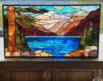 Modèle de paysage de montagne en vitrail PUN629 – modèle Nature Sunset Suncatcher, fichier de conception d'art de fenêtre panoramique pour la décoration intérieure