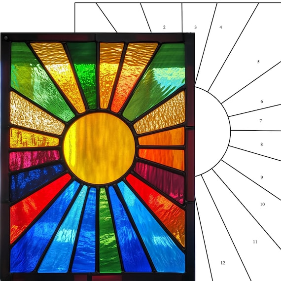 ステンドグラスの模様、レインボーサンバーストステンドグラスの窓