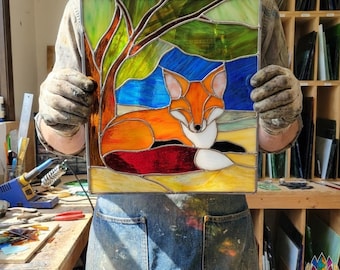 PUN736 Sleeping Fox Stained Glass Pattern PDF, Woodland Animal Panel, Forest