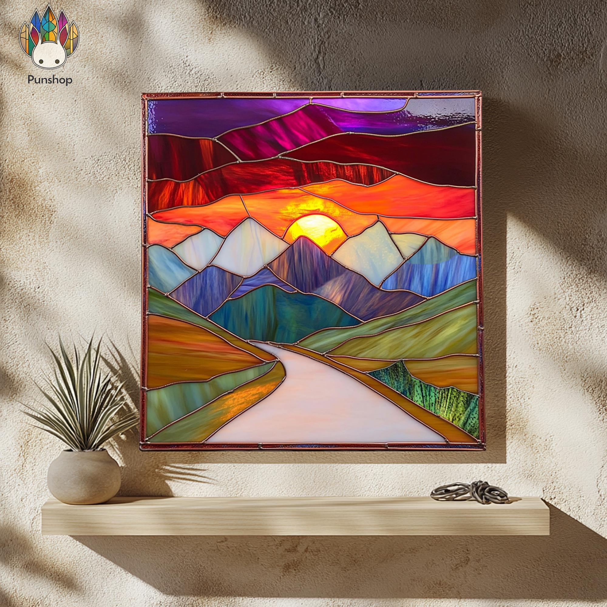 山の風景ステンドグラスサンキャッチャー PUN 02、DIYステンドグラス