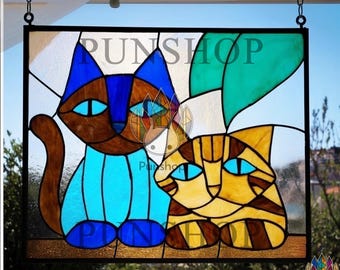 Patrón PUN577: Panel de vitral con diseño de gato, colgante de ventana hecho a mano con dos gatos, atrapasol felino colorido, regalo único para amantes de los gatos.