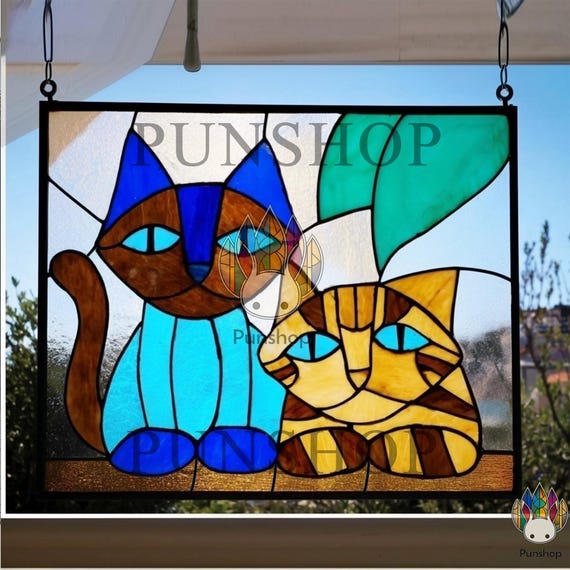 パターンPUN577ステンドグラス猫パネル、手作りの窓用吊り下げ2匹の猫