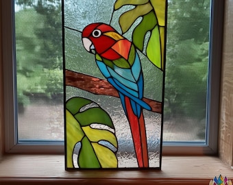 つがい　オウム　ステンドグラス オウムのステンドグラスプリントセット：鮮やかな鳥の絵5枚（デジタル