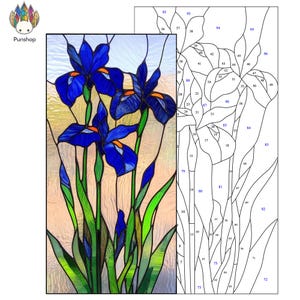 CUSTOM size 10 x 20 inch  Digital download PATTERNS Stained glass artwork featuring vibrant blue irises PUN101  , Diy Stained Glass Easy