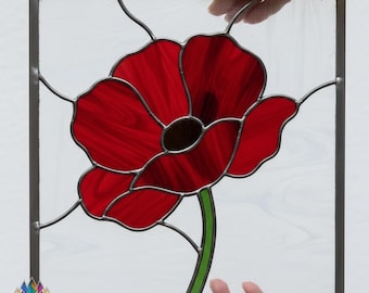 PUN834 Roter Mohn Glasmalerei-Muster, Blumenfenster-Vorlage PDF