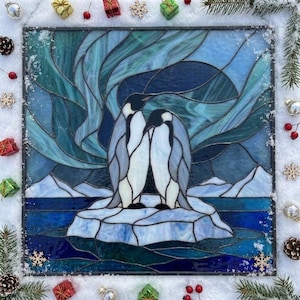 PUN1335 Penguin Aurora Stained Glass Pattern, Northern Lights PDF SVG PNG Template