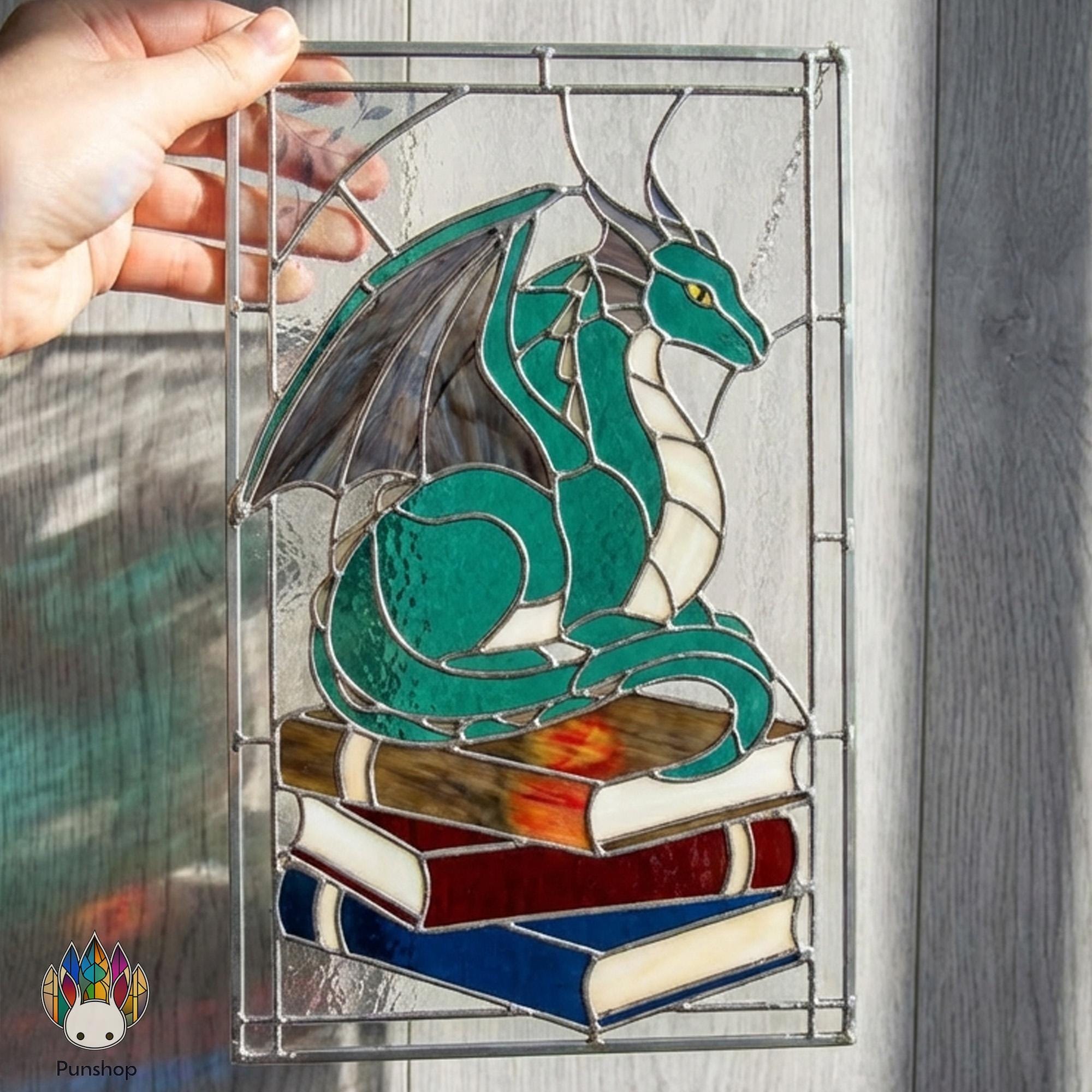 PUN910 Dragon Stained Glass Pattern, Fantasy Dragon on Books Window ...