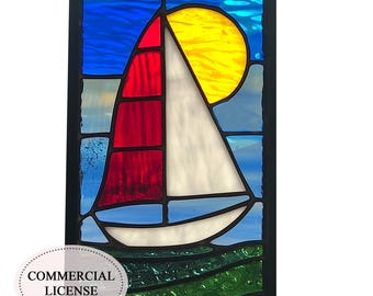 ステンドグラスパネル　帆船 ステンドグラスパターン、ステンドグラス帆船パネル。PUN245、DIY