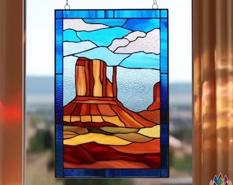 Pattern digital download PUN633 Stained Glass Desert Landscape Pattern–Monument Valley Suncatcher Template, Southwest Window Art Design File