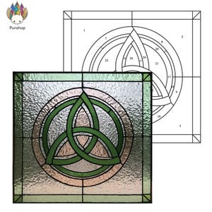 May include: A square stained glass panel with a green Celtic knot design in the center, surrounded by a circle and a light pink border. The glass has a textured, rippled appearance. A line drawing of the design is in the background.