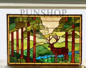 Pattern PUN570 Stained Glass Deer Panel – Handmade Woodland Forest Window Hanging, Rustic Cabin Lodge Decor, Nature Stained Glass Art