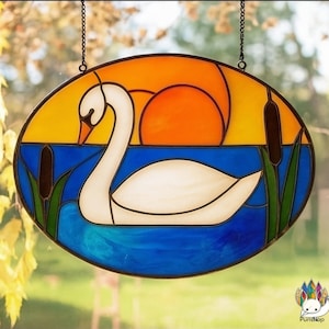Digital download pattern  NPUN414 white swan with sunset Frame,Diy Stained Glass Easy Stained Glass Art Project,File - SVG - PDF - JPG