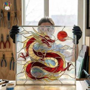 May include: Stained glass panel depicting a red and gold dragon, a red sun, and clouds. The dragon is highly detailed, with a flowing body and a fierce expression. The panel is held by a person wearing black gloves. The panel is made of glass.