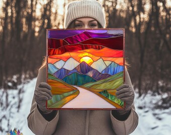 山の風景ステンドグラスサンキャッチャー PUN 02、DIYステンドグラス