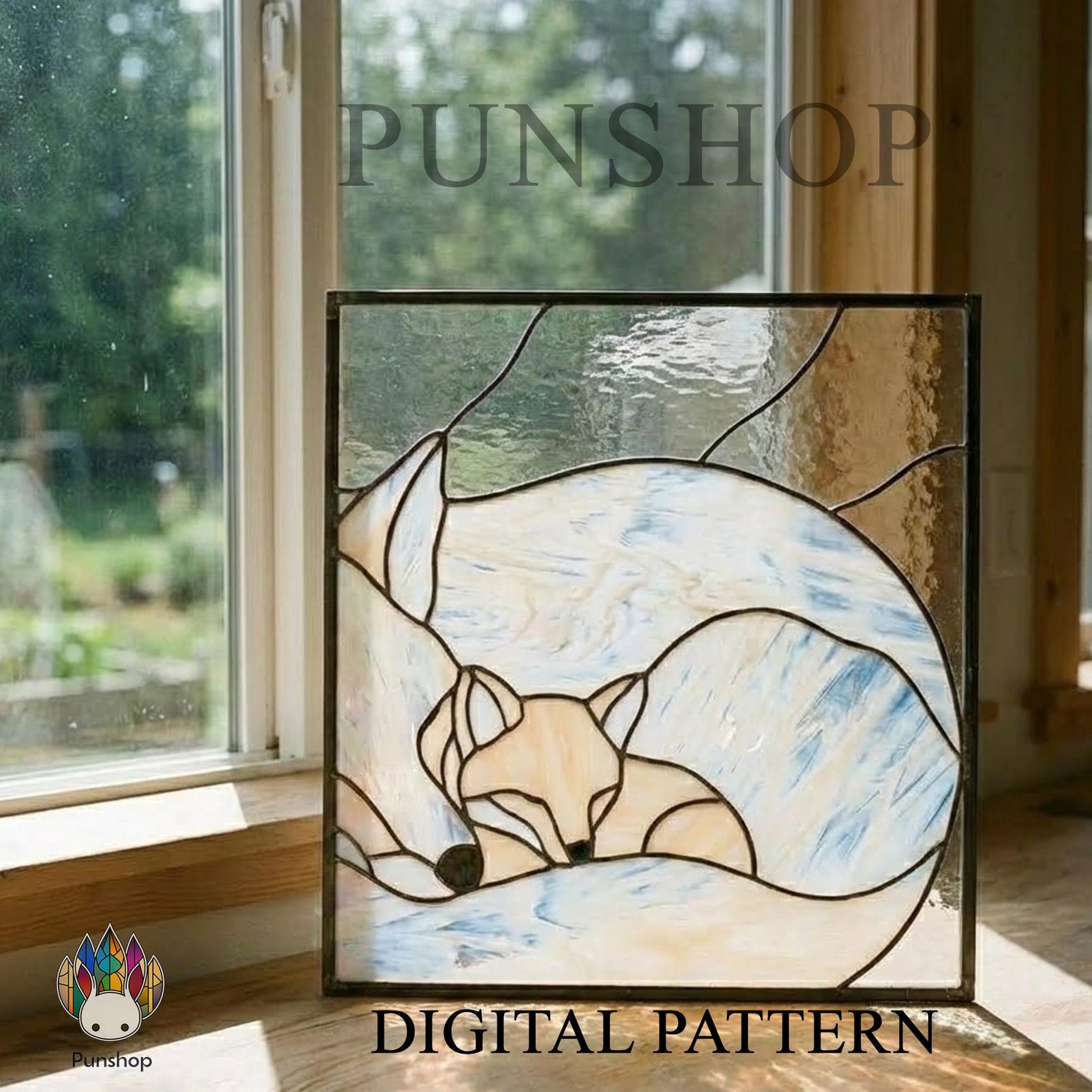 Fox Panel PUN750 Stained Glass Sleeping Fox Design Pattern, Winter Fox Panel ...