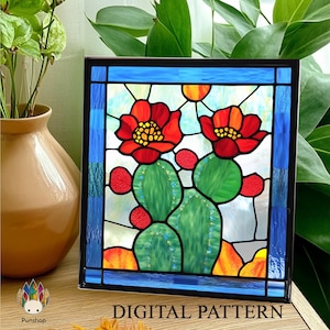 Descarga digital PATRONES atrapasol de vidrio de colores cactus del desierto PUN23, Proyecto de arte de vidrio de colores fácil de hacer