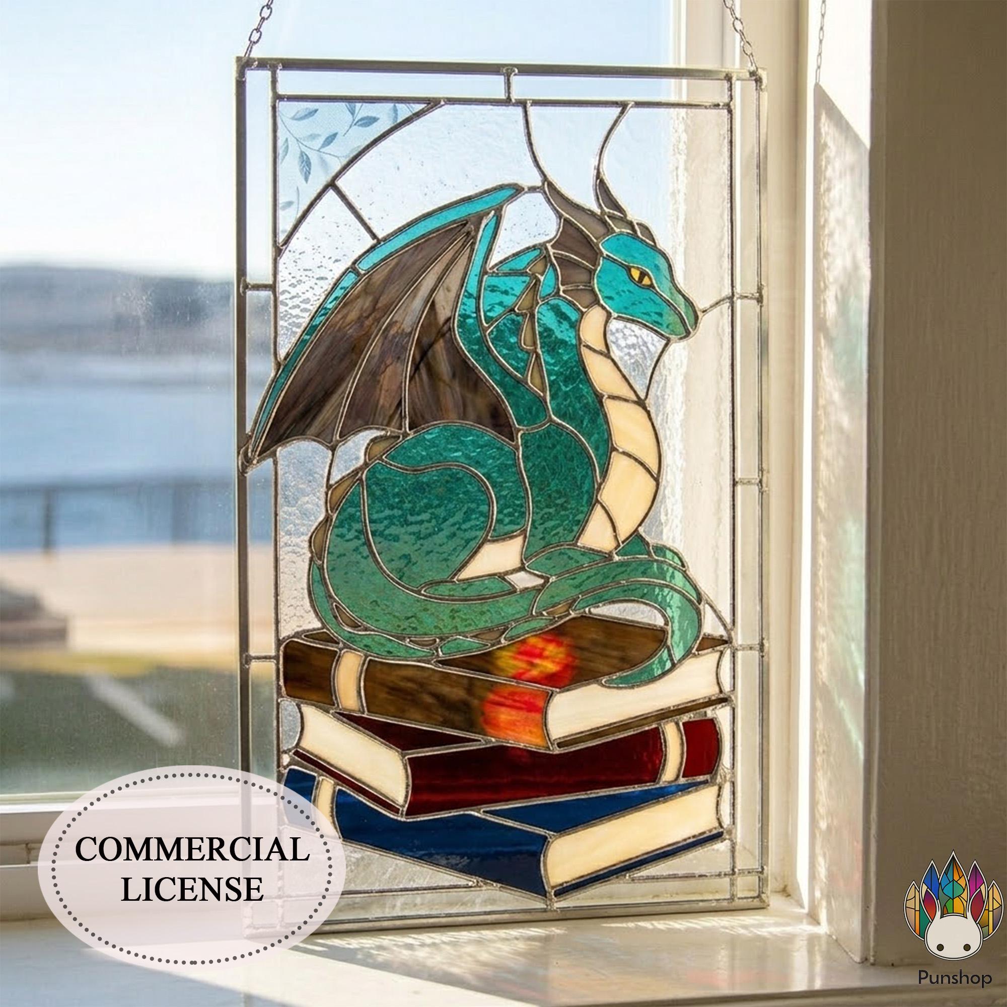 PUN910 Dragon Stained Glass Pattern, Fantasy Dragon on Books Window ...