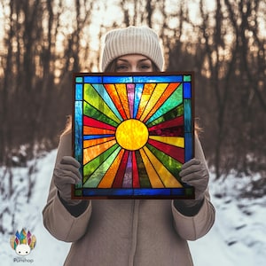 ステンドグラスの模様、レインボーサンバーストステンドグラスの窓