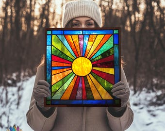 STAINED GLASS PATTERN,Rainbow Sunburst Stained Glass Window Panel PUN94, Diy Stained Glass Easy Stained Glass Art Project