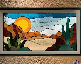 PUN702 Digital Stained Glass Desert Landscape Pattern  Cactus and Sunset Window Panel Design  DIY Glass Art Template Download