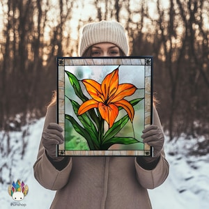 digital download PATTERNS  Orange Day-lily Lily Stained Glass Panel Suncatcher PUN 52 , Diy Stained Glass Easy Stained Glass Art Project