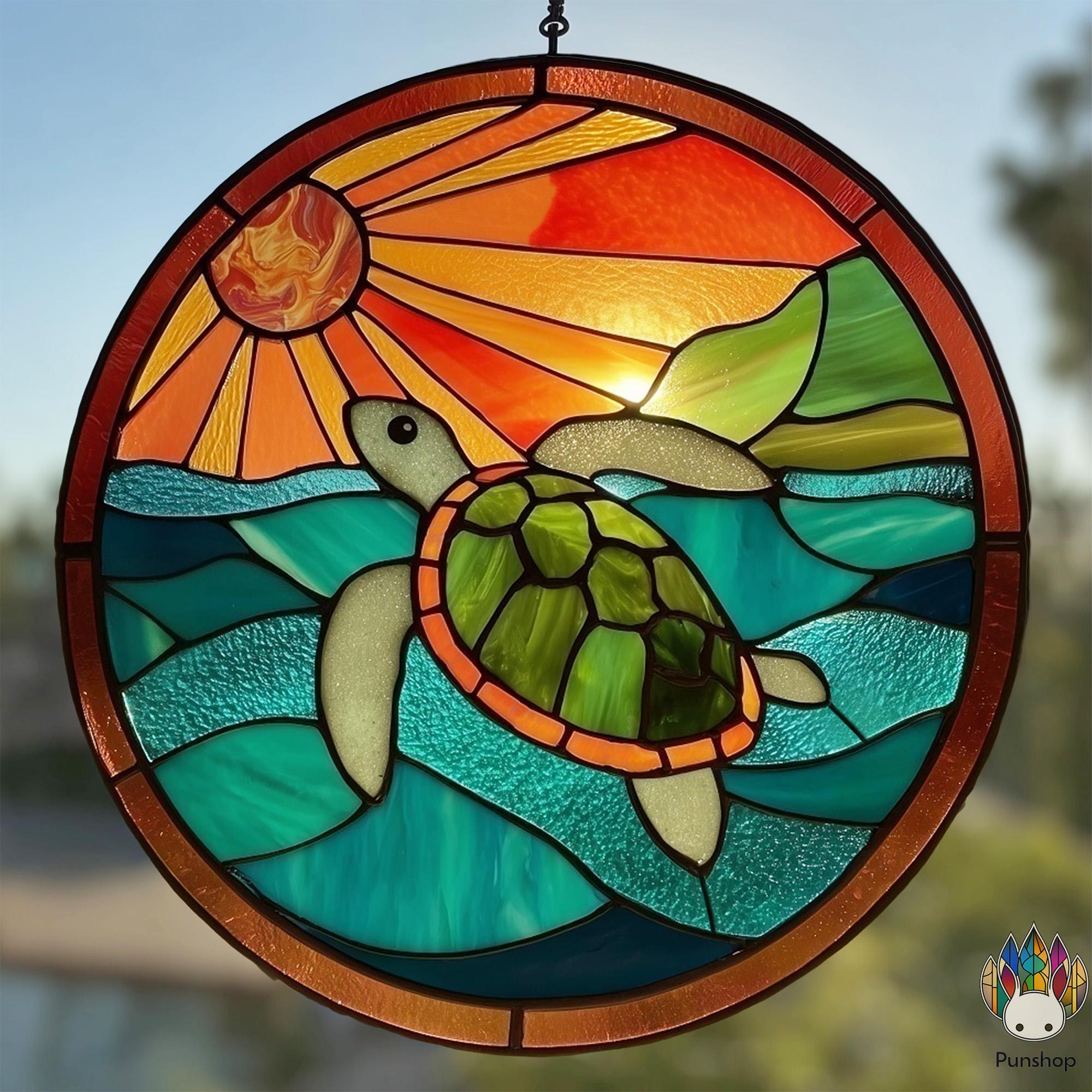 海亀のステンドグラスパネル ステンドグラスパネル 海と亀 | ステンドグラス工房オクノシオ